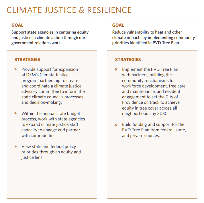 Examples of two climate justice-related goals and associated strategies from the Nature Conservancy Rhode Island strategic plan