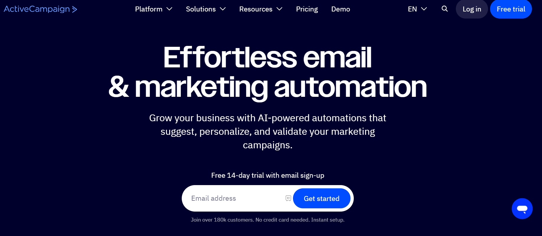 Homepage for ActiveCampaign, a top nonprofit email marketing tool