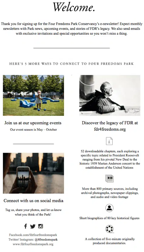 Welcome email from the Four Freedoms Park Conservancy, with options to connect on social media, join an event, or learn about FDR’s legacy