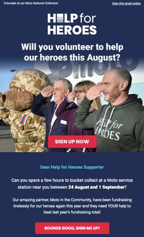 The Help for Heroes volunteer email, with two large red and white CTA buttons