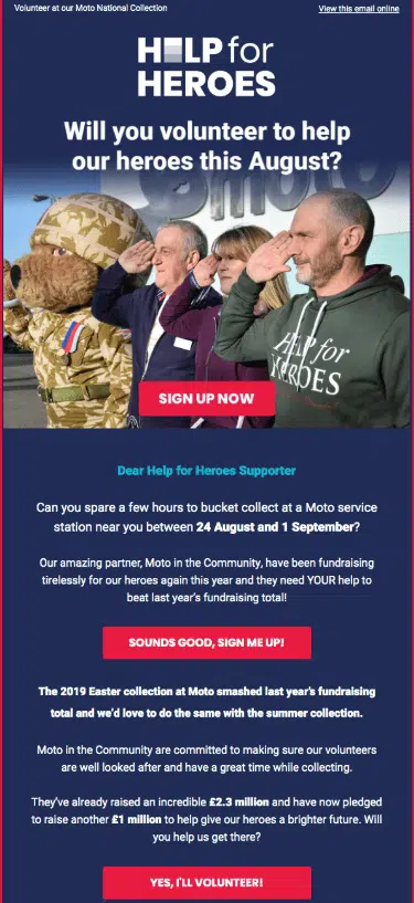 A Help for Heroes volunteer request email asking recipients to sign up for a bucket collection event