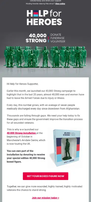 Help for Heroes fundraising email example with a request to purchase a boxed figure in support of the organization's mission