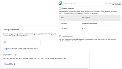 Customize Giving Statements with your organization’s logo, EIN, and branding. Consolidate financial gifts, in-kind donations, volunteer hours, and soft credits into one easy-to-understand document that acknowledges all types of support.