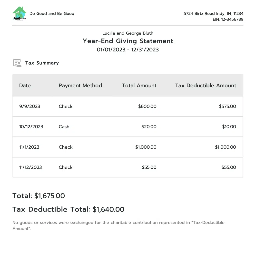 Show donors their impact with clear, professional Giving Statements. Customize Giving Statements with your organization’s logo, EIN, and branding. Consolidate financial gifts, in-kind donations, volunteer hours, and soft credits into one easy-to-understand document that acknowledges all types of support.