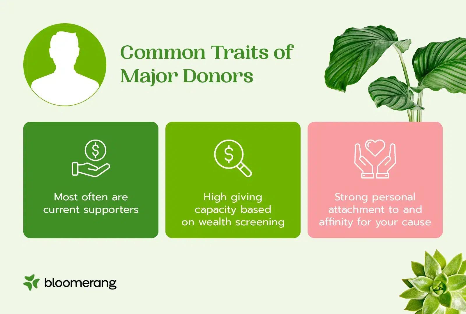 Common traits of major donors (most often are current supporters, high giving capacity based on wealth screening, and a strong personal attachment to your cause) 