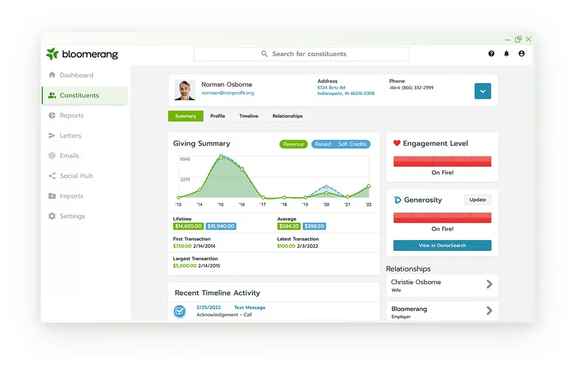 Desktop user interface of Bloomerang's software showing donor insights